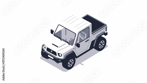 White Isometric Pickup Truck Isolated on White Background.