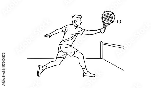 Padel player hitting ball line art vector with dynamic sports action illustration on court