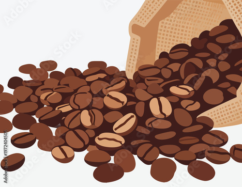 Coffee beans spill from a bag on a table with a simple background showing natural colors and textures in a home setting