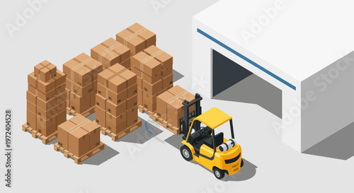 Yellow forklift moving boxes near warehouse loading dock isometric view.