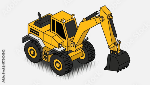 Yellow Excavator Heavy Equipment Vehicle Isometric Illustration.