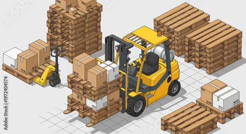 Yellow Forklift Truck Moving Boxes in Warehouse Storage Area.