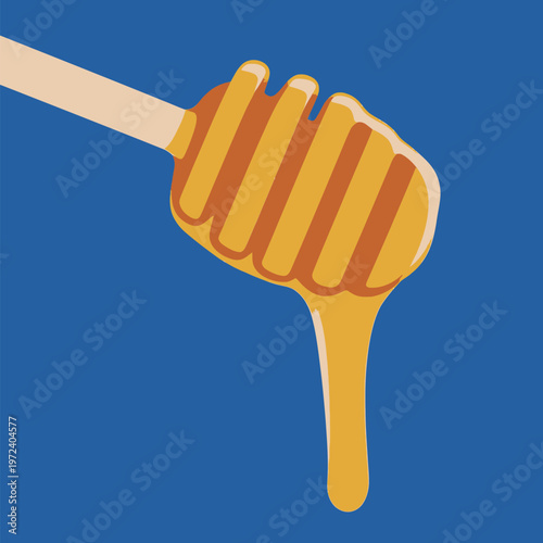 Honey drips from a wooden honey dipper against a blue background during daylight
