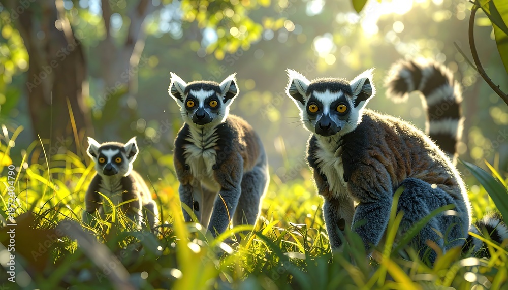 Fototapeta premium Three Ring-Tailed Lemurs in Lush Green Forest Sunlight.
