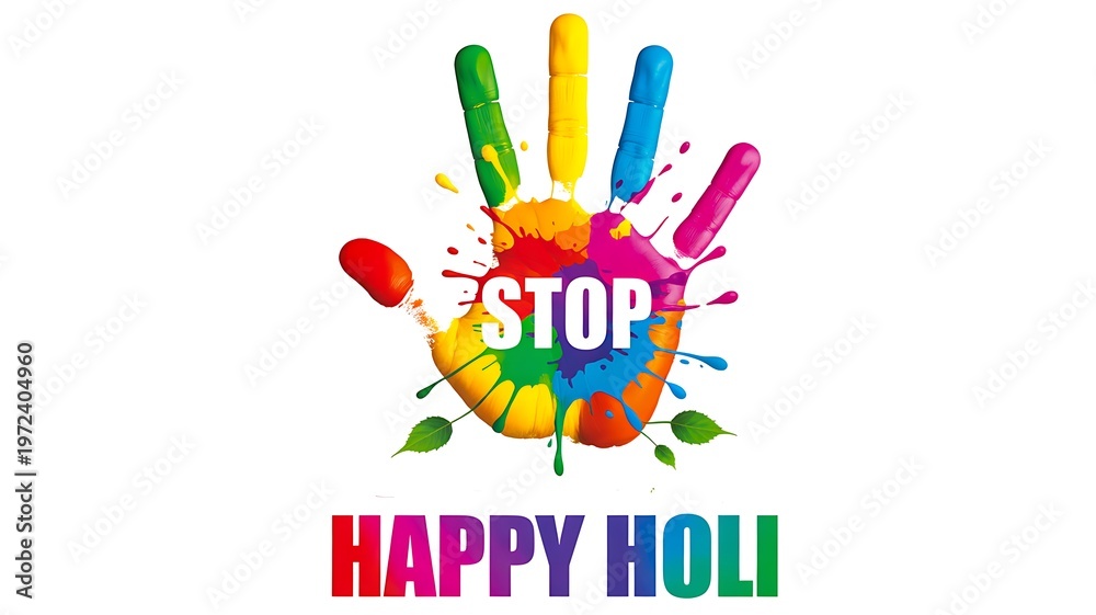 Fototapeta premium Stop happy holi message with colorful painted hand on white background