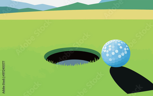 Golf ball rolls toward hole on green field surrounded by mountains in bright daylight