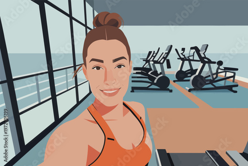 Fitness enthusiast takes a selfie in a gym during morning hours with workout equipment in the background and large windows letting in light