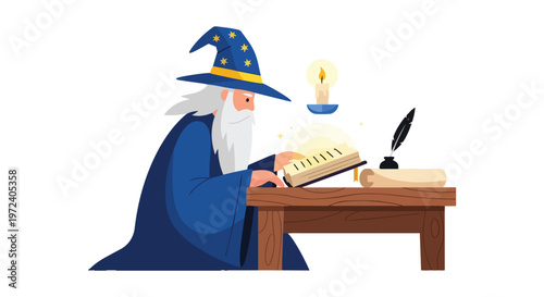 Flat 2D illustration of a wise wizard in a fantasy theme, studying an old book with a quill and inkwell on a wooden desk, a glowing candle nearby