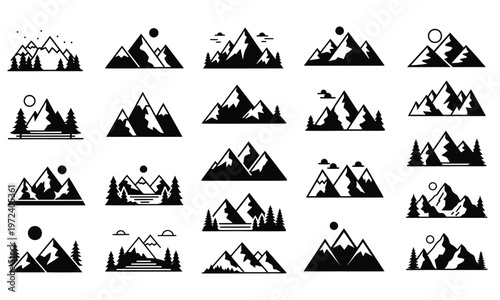 Diverse collection of monochrome mountain landscape vector graphic icons featuring sharp peaks and coniferous trees isolated on transparent background