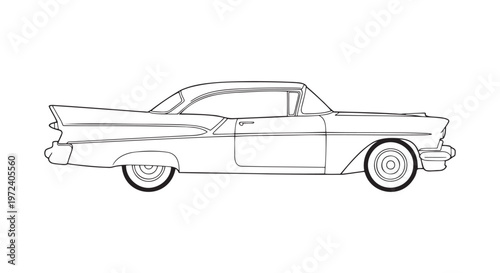 Vintage american classic car with tail fins line art
