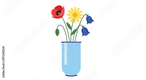Minimalist Illustration of a Bouquet of Wildflowers in a Blue Vase