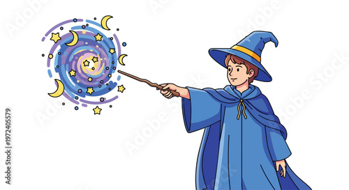 A charming flat 2D illustration of a young wizard casting a magical spell with a swirling galaxy theme, perfect for fantasy stories and children's content