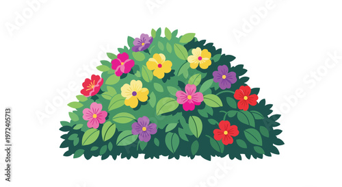 Cartoon Flowering Bush with Colorful Flowers Isolated on White Background