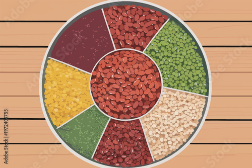 Different types of beans and lentils arranged in a round tray on a wooden table surface