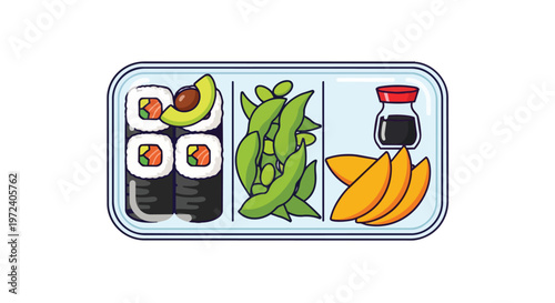 Bento Box Lunch with Sushi Edamame and Mango Slices Illustration