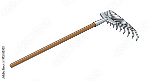 Garden Rake with Wooden Handle Isolated on White Background