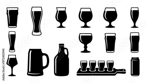 Beer Glass Silhouette Icon Set – Different Types of Beer Glasses, Mug, Pint and Brewery Drinkware