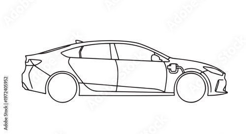 Side view line drawing of a sleek electric sedan