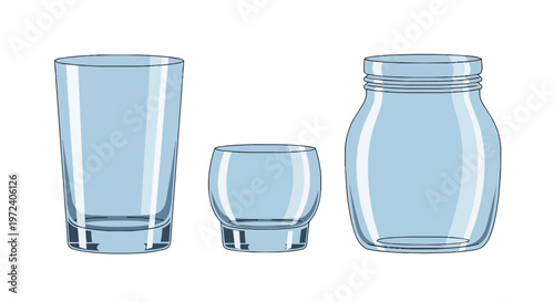 Set of empty glass containers including a tall tumbler, small bowl and storage jar illustration