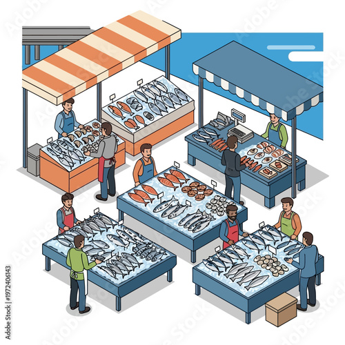 people buying fresh seafood at market.