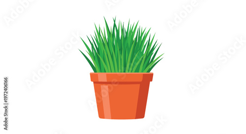 Potted Green Grass Plant in Orange Clay Pot Vector Illustration