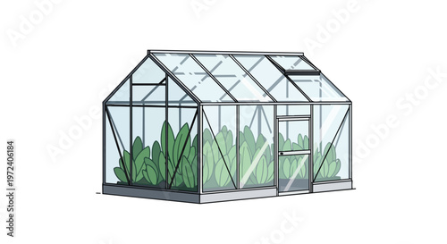 Illustration of a Modern Glass Greenhouse with Lush Green Plants
