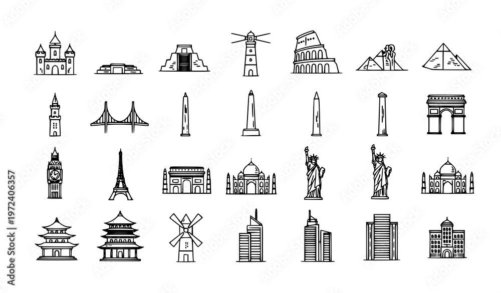 Fototapeta premium Landmark outline icons set with world monuments and travel architecture symbols vector isolated on white