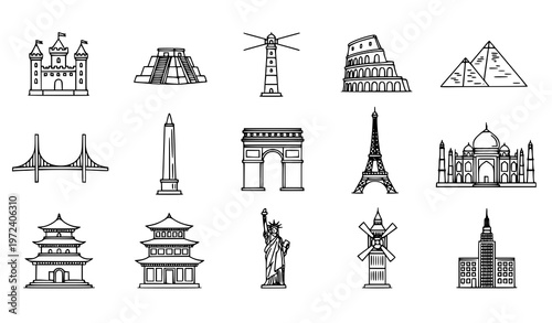 Modern landmark icons collection with world monuments travel architecture symbols outline vector isolated on white