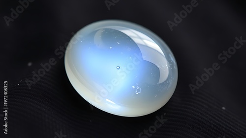 culpability. A moonstone gemstone glowing softly on dark fabric, close-up view. STEM education sheets, lab safety posters, designed for STEM education and laboratory safety posters.
