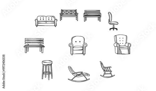 Elegant comfortable seating outline icons set with sofa chair and bench furniture premium vector isolated on white
