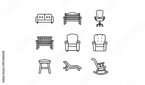 Modern comfortable furniture icons collection with sofa chair and seating elements outline vector isolated on white