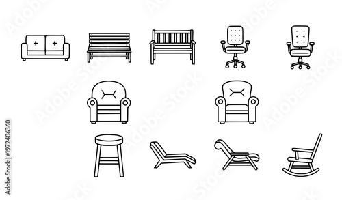 Comfortable seating outline icons set with sofa chair and bench furniture symbols vector isolated on white