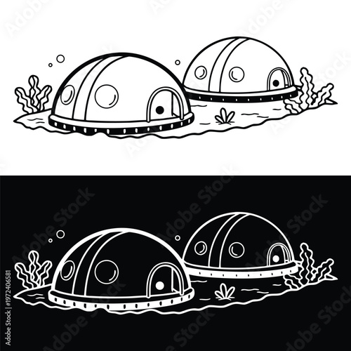 Two futuristic habitat domes sit peacefully side by side in a minimalist line art illustration designed for various creative projects