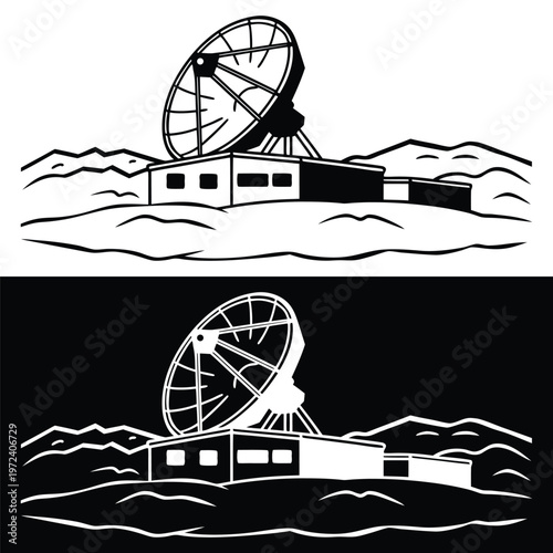Black and white illustration depicting a large satellite dish station sitting on top of a rocky mountain landscape surface