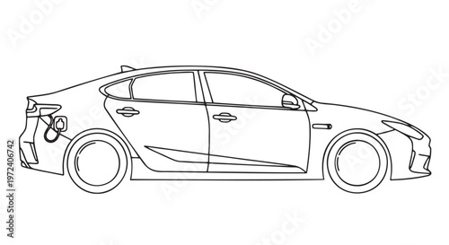 Outline of a modern sedan with charging port