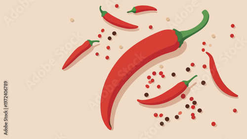 Red chili peppers and black peppercorns are scattered on a light background in a simple kitchen setting during daylight hours
