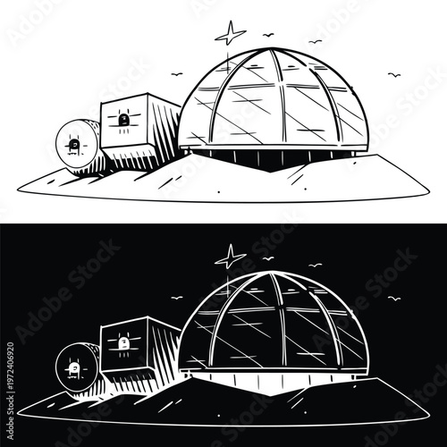 Futuristic space station structures designed with modular living pods and a large spherical dome for extraterrestrial exploration and scientific research
