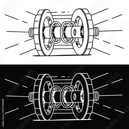 Technical illustration showing a mechanical assembly of industrial circular components with gears and shafts shown in high contrast artistic style