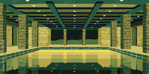A surreal underground stone structure featuring a dark reflective pool of water within a quiet and mysterious pixel art environment