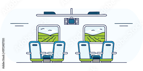 Abstract vector illustration depicting a simplified airplane cabin interior with passengers seated and looking out at a green landscape.