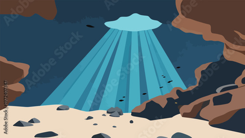 Light shines through a cave opening over sandy floor with rocks and fish at midday in a coastal scene