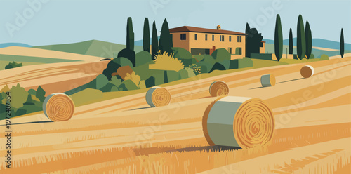 Rolling hay bales in a sunny field near a farmhouse on a clear day in Tuscany, Italy with green hills in the background