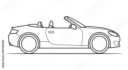 Line art illustration of a convertible sports car with the automobile is depicted in profile, showcasing its open air design