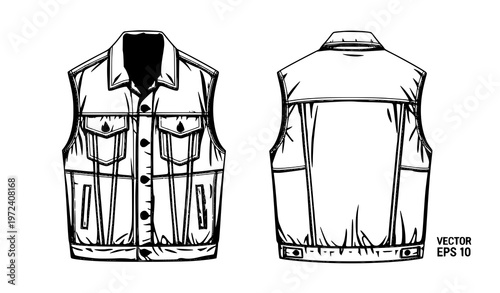 Technical Flat Sketch Oversized Denim Vest with Button Closure and Flap Pockets