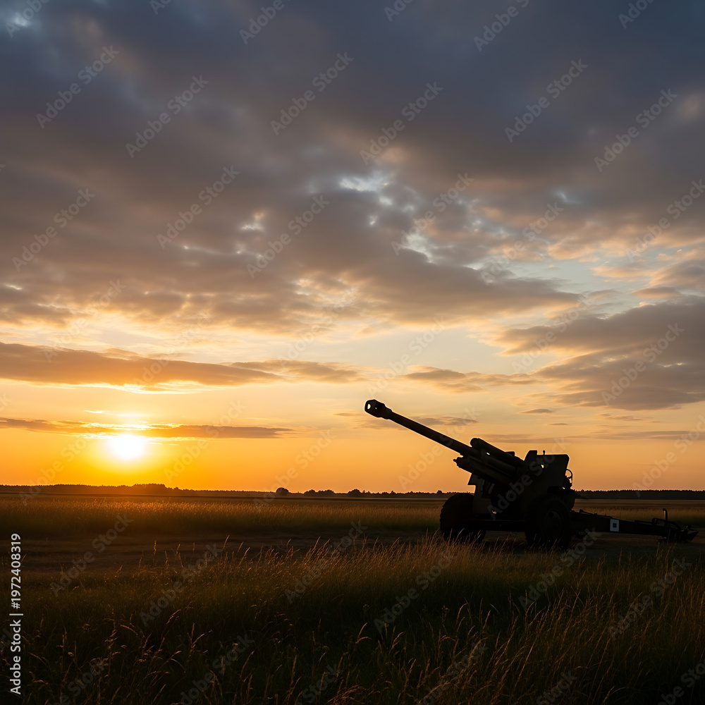 Fototapeta premium The imposing silhouette of a powerful artillery cannon dominates the horizon as the sun sets, casting a dramatic golden glow over the vast field at dusk, symbolizing resilience and vigilance