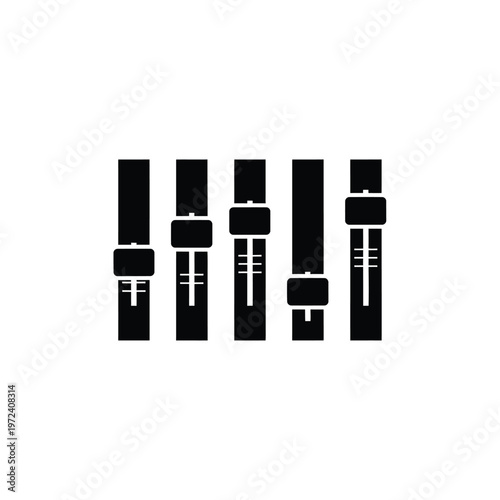 A minimalist black and white illustration depicts six vertical audio level meters or faders high quality professional detailed modern