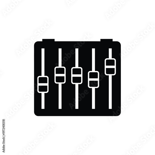 A black silhouette of an audio mixing console with six channel faders and controls displayed high quality