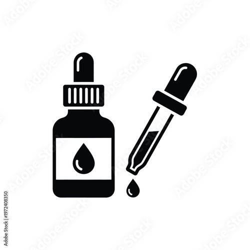 A simple black silhouette depicts two dropper bottles one upright and one tilted releasing liquid high quality