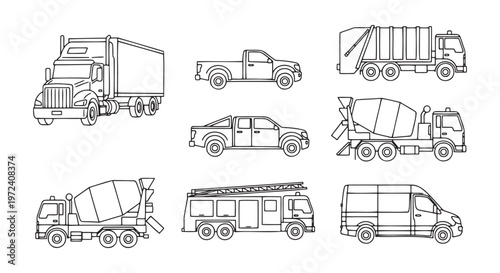 Collection of line art illustrations of various trucks and vehicles