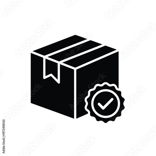 A simple black silhouette of a cardboard box with a quality assurance seal displayed prominently high quality